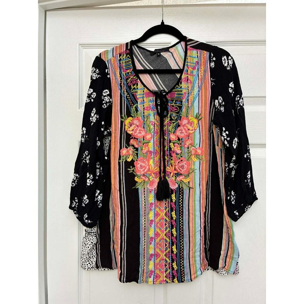 Caleooa M Boho Embroidered Tunic Tassel Floral Mixed Print Top